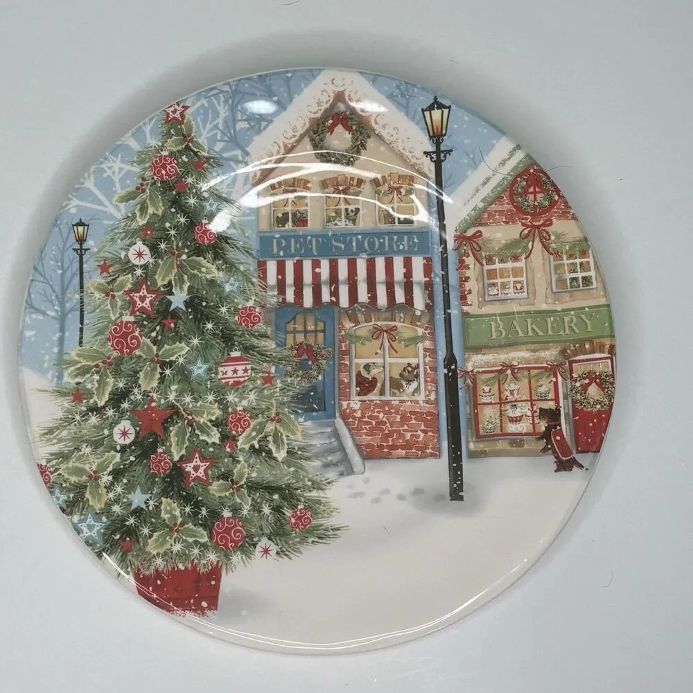 Pier 1 Xmas Village Scenes Ironstone Salad Plates Pet Store & Candy Store 2 Pc
